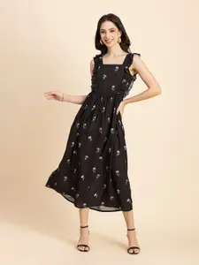 Moomaya Floral Printed Shoulder Straps Ruffled & Smocked Gathered Fit & Flare Dress