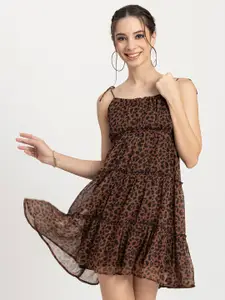 Moomaya Animal Skin Printed Shoulder Straps Smocked Tiered Chiffon Empire Dress