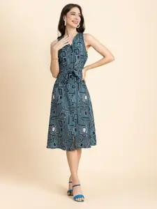 Moomaya Geometric Printed V-Neck Sleeveless Tie-Up Detail A-Line Midi Dress