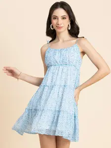 Moomaya Floral Printed Shoulder Straps Smocked Tiered Chiffon Empire Dress