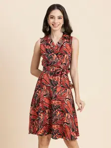 Moomaya Abstract Printed Shirt Collar Sleeveless Tie-Up Detail A-Line Dress