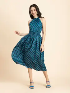 Moomaya Floral Printed Smocked Fit & Flare Midi Dress