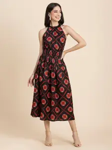 Moomaya Ethnic Motifs Printed Smocked Satin Fit & Flare Midi Dress