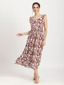 Moomaya Floral Printed Square Neck Flutter Sleeves Smocked Fit and Flare Midi Dress