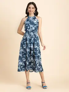 Moomaya Floral Printed Halter Neck Smocked Satin Fit & Flare Dress