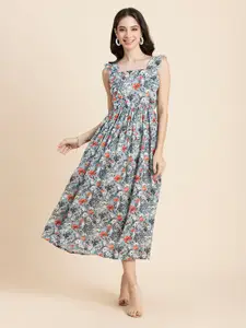 Moomaya Floral Printed Shoulder Straps Ruffled Smocked & Gathered Fit & Flare Dress