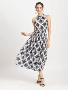 Moomaya Ethnic Motifs Printed Smocked Satin Fit & Flare Midi Dress
