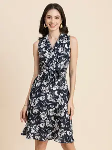 Moomaya Floral Printed Lapel Collar Satin Fit & Flare Dress