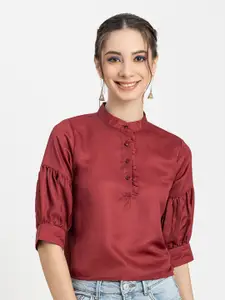 Moomaya Mandarin Collar Satin Shirt Style Top