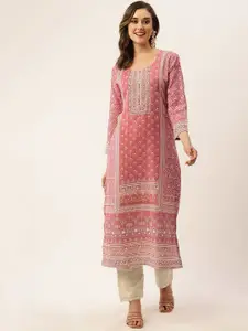 ZOLA Floral Printed Sequinned Pure Cotton Straight Kurta