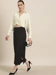 Qurvii Solid Side Slits Midi Straight Skirt