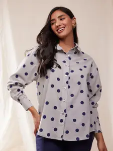 Pink Fort Polka Dot Printed Cuffed Sleeves Pure Cotton Shirt Style Top