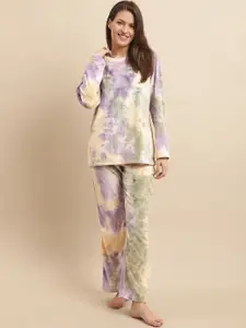 Kanvin Purple Tie and Dyed Long Sleeves Velvet Night suit