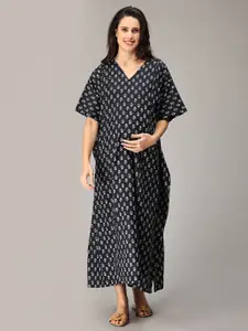 The Mom Store Floral Printed Pure Cotton Maternity Maxi Kaftan Nightdress