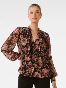 Forever New Floral Printed V-Neck Puff Sleeves Top