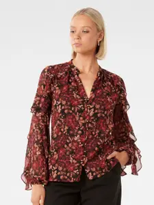 Forever New Floral Printed Mandarin Collar Bell Sleeves Shirt Style Top