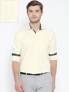 Shaftesbury London Men Cream-Coloured Slim Fit Self Design Formal Shirt