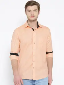 Shaftesbury London Men Peach-Coloured Slim Fit Solid Casual Shirt