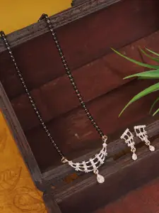 I Jewels Gold-Plated American Diamond Studded & Beaded Mangalsutra With Earrings