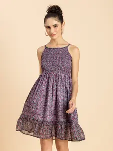 Moomaya Abstract Printed Smocked Georgette Fit & Flare Dress