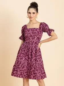 Moomaya Floral Printed Puff Sleeves Cotton Fit & Flare Dress