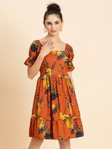 Moomaya Floral Printed Square Neck Puffed Sleeves Tie-Ups Cotton Fit & Flare Dress