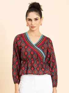Moomaya Ethnic Motifs Printed V-Neck Puff Sleeves Cotton Cinched Waist Top