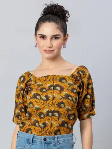 Moomaya Floral Printed Square Neck Puff Sleeve Cotton Top