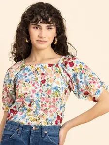 Moomaya Floral Printed Square Neck Puff Sleeves Cotton Top