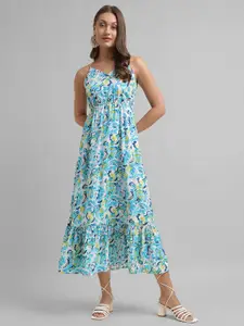 Selvia Floral Printed Shoulder Straps Gathered & Pleated Sleeveless Midi Fit & Flare Dress