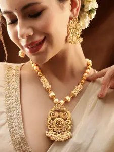 Rubans 22K Gold-Plated Whitel Kundan & Pearl Beaded Floral Necklace Set