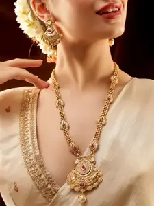 Rubans 22K Gold-Plated Ruby Kundan Studded Temple Necklace Set with Pearl Drops