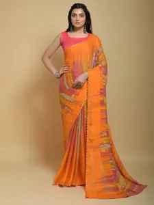 Satrani Orange-Coloured Striped Embellished Border Saree