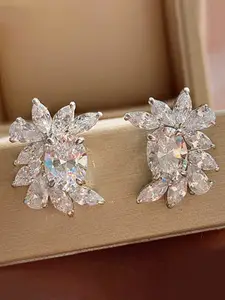 Designs & You Silver Plated American Diamond Studded Contemporary Studs Earrings