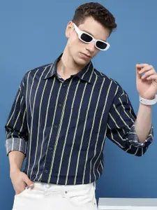 HIGHLANDER Vertical Stripes Spread Collar Long Sleeves Cotton Casual Shirt