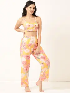 Bannos Swagger Floral Printed Crop Top With Trousers & Shrug