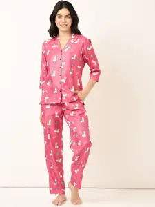 Bannos Swagger Pink Conversational Printed Lapel Collar Night suit