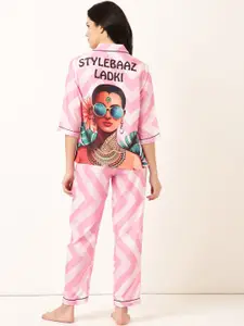 Bannos Swagger Pink Chevron Printed Lapel Collar Night suit