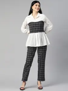 Cottinfab Women Checked Peplum Top with Trousers Co-ord Set