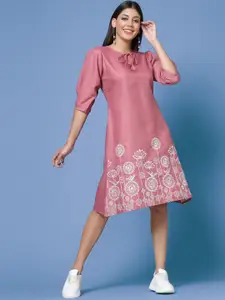 KALINI Floral Embroidered Tie-Up Neck Puff Sleeves A-line Dress