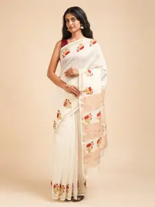 TEEJH Floral Printed Zari Silk Cotton Chanderi Saree
