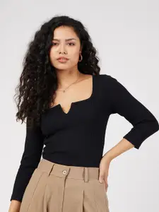 SASSAFRAS Black Ribbed Scoop Neck Fitted Top