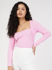 SASSAFRAS Pink Ribbed Square Neck Top
