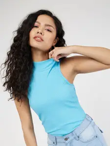 SASSAFRAS Turquoise Blue Self Design High Neck Tank Top