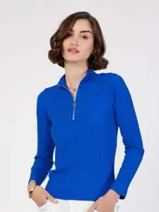 SASSAFRAS Blue Front Zipper Ribbed Top