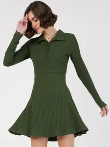 SASSAFRAS Olive Green Ribbed Fit & Flare Mini Dress