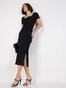 SASSAFRAS Square Neck Knitted Sheath Midi Dress