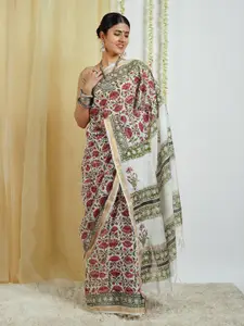 TEEJH Floral Printed Zari Detail Silk Cotton Chanderi Saree