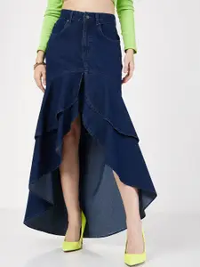 SASSAFRAS Denim Ruffled High Low Skirt