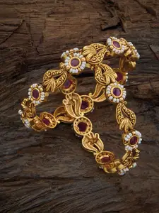 Kushal's Fashion Jewellery Set Of 2 Gold-Plated Ruby Stone Studded Bangles